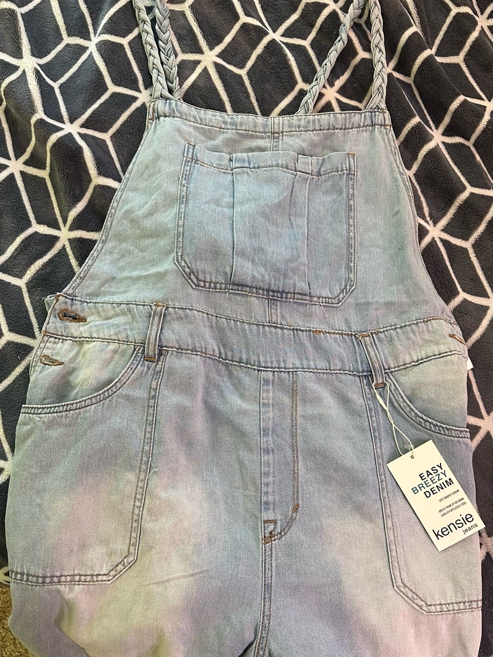 Kensie women’s Pastel Light Wash Braided-Strap Denim Overalls